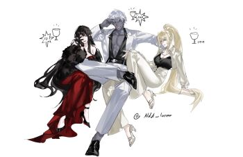Rule 34 | 1boy, 2girls, aldul lanor, alternate hair color, ankle strap, arm up, artist name, black hair, black shirt, black shoes, blonde hair, blouse, blue eyes, commentary, dark-skinned male, dark skin, dress, fate/grand order, fate (series), figure four sitting, full body, fur scarf, grey pants, grey shoes, grey shrug, high heels, high ponytail, highres, indra (celebratory attire) (fate), indra (fate), lapels, lipstick, lipstick mark, lipstick mark on face, long dress, long hair, looking at viewer, makeup, morgan le fay (fate), multiple girls, nail polish, official alternate costume, open clothes, open shirt, pants, parted lips, peaked lapels, pectorals, pointy ears, ponytail, red dress, semiramis (fate), shirt, shoes, short hair, shrug (clothing), simple background, sitting, twitter username, very long hair, white background, white hair