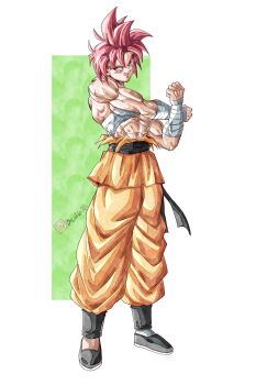 Rule 34 | 1boy, absurdres, beatlo (rodrigo38658978), dragon ball, dragon ball super, dragonball z, full body, highres, male focus, muscular, muscular male, orange pants, pants, red eyes, red hair, short hair, simple background, solo, son goten, spiked hair, stretching, tongue, tongue out, topless male, white background
