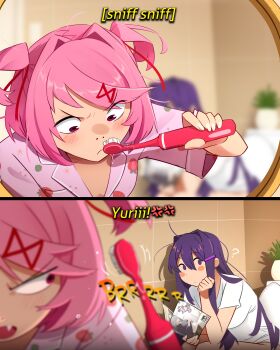 2girls absurdres bathroom blush book breasts doki_doki_literature_club fang floral_print flower_print food_print frown fruit_print hair_ornament hairclip highres holding holding_toothbrush khyle. leaf_print long_hair manga_(object) mirror multiple_girls natsuki_(doki_doki_literature_club) open_book pajamas pink_hair pink_pajamas pink_shirt plant potted_plant print_pajamas reading red_eyes shirt short_hair sideways_glance small_breasts smelling strawberry_print tile_wall tiles toilet toilet_use toothbrush yuri_(doki_doki_literature_club)