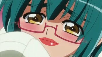 2girls animated animated_gif anime_screenshot annoyed blush brown_eyes brown_hair chacha125 forced_kiss fujiwara_naeka glasses green_hair green_skirt kamen_no_maid_guy katana kiss lipstick lipstick_mark makeup multiple_girls school_uniform skirt smile subtitled sweatdrop sword tabaruzaka_saki third-party_edit weapon yellow_eyes yuri