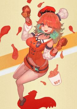 1girl blush bra_strap breasts brown_footwear bucket_of_chicken chef_hat chicken_(food) chicken_leg detached_sleeves earrings feather_earrings feathers food food_print fried_chicken full_body gradient_hair hat highres holding holding_food hololive hololive_english jewelry kfc lack long_hair looking_at_viewer multicolored_hair navel one_eye_closed open_mouth orange_hair orange_hat orange_skirt purple_eyes shirt simple_background skirt sleeveless sleeveless_shirt smile solo takanashi_kiara takanashi_kiara_(1st_costume) thighhighs virtual_youtuber white_thighhighs