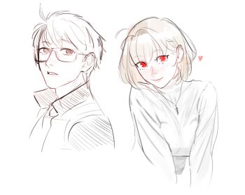 1boy 1girl arcueid_brunestud black_eyes blonde_hair blush bob_cut collared_jacket glasses heart highres jacket jewelry leodot long_sleeves looking_at_viewer necklace open_mouth red_eyes shirt sketch smile tohno_shiki tsukihime tsukihime_(remake) turtleneck white_shirt