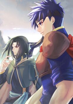 2boys blue_eyes blue_hair closed_mouth commentary_request facial_mark fire_emblem fire_emblem:_path_of_radiance forehead_mark headband highres ike_(fire_emblem) male_focus multiple_boys nintendo red_eyes riou_(pooh920) short_hair soren_(fire_emblem)