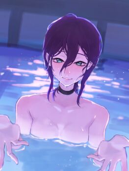 1girl black_choker breasts chainsaw_man choker cleavage collarbone commentary_request green_eyes hair_between_eyes highres i&#039;ll_teach_you_everything_(chainsaw_man) long_hair_between_eyes looking_at_viewer namekuji1331 nude partially_submerged pool purple_hair reaching reaching_towards_viewer reze_(chainsaw_man) scene_reference skinny_dipping small_breasts solo upper_body water wet wet_hair