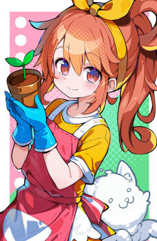 Rule 34 | 1girl, apron, bemani, blue gloves, blush, border, bow, bow hairband, brown eyes, brown hair, closed mouth, commentary request, dog, flower pot, gloves, green background, hair between eyes, hair rings, hairband, highres, holding, holding flower pot, long hair, looking at viewer, omochishiki, outside border, pink apron, pink background, plant, ponytail, pop'n music, potted plant, raimu (pop'n music), shirt, short sleeves, single hair ring, smile, solo, sprout, white border, yellow bow, yellow hairband, yellow shirt