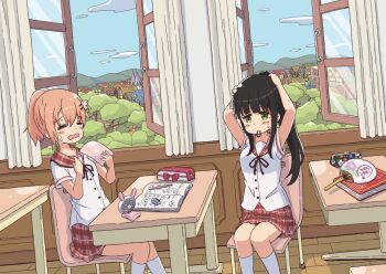black_hair book closed_eyes cloud curtains day desk electric_fan eraser gochuumon_wa_usagi_desu_ka? green_eyes hoto_cocoa indoors light_brown_hair mohei open_mouth open_window pen school_desk school_uniform sitting skirt sky slice_of_life socks sweatdrop tree ujimatsu_chiya ventilator white_legwear window wooden_floor