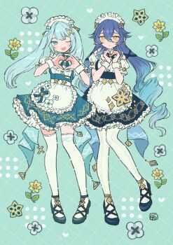 2girls apron blue_background blue_dress blue_hair blue_shoes bright_pupils commentary_request dress faruzan_(genshin_cafe_in_seoul)_(genshin_impact) faruzan_(genshin_impact) flower frilled_apron frilled_dress frills full_body genshin_impact green_eyes hair_between_eyes hair_ornament heart heart_hands highres layla_(genshin_impact) long_hair looking_at_viewer maid maid_apron maid_headdress multiple_girls one_eye_closed pantyhose pointy_ears puffy_short_sleeves puffy_sleeves shiro_chan46 shoes short_sleeves thighhighs twintails very_long_hair white_apron white_headdress white_pantyhose white_thighhighs white_wrist_cuffs wrist_cuffs x_hair_ornament yellow_eyes zettai_ryouiki