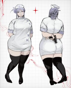 1girl arms_behind_back bags_under_eyes black_boots black_eyes boots breasts dress front_and_back grid_background gun hair_bun handgun hat high_heel_boots high_heels holding holding_gun holding_weapon lips medium_breasts multiple_views nurse nurse_cap original pistol plump purple_hair short_dress short_hair solo thigh_boots thighhighs weapon white_background white_dress white_hat yoko_koyoyo zettai_ryouiki