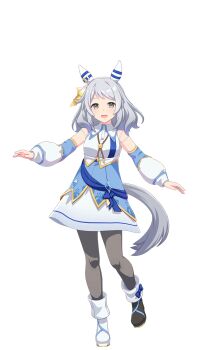 1girl 3d animal_ears arms_at_sides boots breasts brown_eyes detached_sleeves full_body gem grey_hair hair_ornament highres hishi_miracle_(miracle_make-up!)_(umamusume) hishi_miracle_(umamusume) horse_ears horse_tail looking_at_viewer medium_breasts medium_hair official_art open_mouth sash solo standing string tail transparent_background umamusume