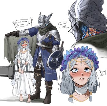 1boy 1girl absurdres armor artist_name barefoot belt blue_eyes blush boots brown_boots cape doll dragonslayer_(sword) dress elden_ring elden_ring_nightreign english_text foxxarius gloves greatsword head_wreath height_difference helmet highres jewelry necklace pauldrons revenant_(elden_ring) scale_armor shield shoulder_armor sword weapon white_background white_dress winged_helmet wylder_(elden_ring)