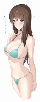 Rule 34 | 1girl, bikini, blue bikini, blue eyes, blush, breasts, brown hair, cleavage, closed mouth, commentary request, commission, hair between eyes, hibike! euphonium, highres, kuroe mayu, large breasts, lie lack1080, long hair, skeb commission, solo, sweatdrop, swimsuit, translation request