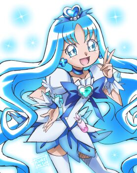 Rule 34 | 1girl, :d, artist name, blue background, blue choker, blue dress, blue eyes, blue hair, blue theme, blue wrist cuffs, bottle, bow, brooch, chest bow, choker, collarbone, commentary, cowboy shot, cure marine, cure nico, dress, earrings, floral dress, flower earrings, frilled sleeves, frilled wrist cuffs, frills, hair bow, hair ornament, hand on own hip, hand up, heart, heart brooch, heart hair ornament, heartcatch precure!, highres, jewelry, kurumi erika, long hair, looking at viewer, magical girl, official style, open mouth, perfume bottle, pouch, precure, puffy short sleeves, puffy sleeves, short dress, short sleeves, smile, solo, sparkle background, thighhighs, two-tone dress, umakoshi yoshihiko (style), very long hair, w, wavy hair, white background, white dress, white thighhighs, wrist cuffs