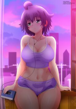 1girl absurdres ahoge arm_support blush breasts building cassette_player city cityscape cleavage cloud collarbone curtains green_eyes headphones highres holding house large_breasts listening_to_music looking_to_the_side midriff navel pole power_lines purple_hair purple_shirt purple_shorts purple_sky shirt short_hair shorts sitting sky skyscraper sony tank_top walkman wide_hips window yukino_akaihi yukino_memories zel-sama