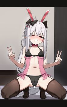 Rule 34 | 1girl, absurdres, animal ears, bare arms, black bow, black bra, black panties, black thighhighs, blush, bow, bra, cameltoe, clenched teeth, commission, double v, fake animal ears, full body, h.pn, hair bow, highres, long hair, looking at viewer, navel, original, panties, pointy ears, rabbit ears, red eyes, solo, squatting, stomach, teeth, thighhighs, underwear, v, very long hair, white hair