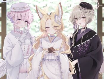 3girls absurdres animal_ear_fluff animal_ears black_hat black_kimono blonde_hair blue_archive blush closed_mouth commentary_request detached_sleeves eyes_visible_through_hair feathered_wings fox_ears fox_girl gloves hair_between_eyes hair_bun hair_over_one_eye halo hat highres japanese_clothes kimono klee-on long_hair looking_at_viewer low_wings mika_(blue_archive) mika_(new_year)_(blue_archive) multiple_girls nagisa_(blue_archive) nagisa_(new_year)_(blue_archive) obi official_alternate_costume official_alternate_hairstyle pink_eyes pink_hair pink_halo sash seia_(blue_archive) seia_(new_year)_(blue_archive) smile steepled_fingers tea_party_(blue_archive) twintails white_gloves white_hat white_kimono white_sash white_wings wide_sleeves wings yellow_eyes yellow_halo