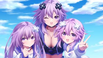 3girls adult_neptune black_choker breasts choker cleavage cloud d-pad d-pad_hair_ornament downblouse hair_between_eyes hair_ornament highres hood hooded_jacket hoodie jacket large_breasts long_hair medium_hair multiple_girls nepgear neptune_(neptunia) neptune_(series) nijihasisiduki one_eye_closed open_mouth purple_eyes purple_hair sky smile v white_choker