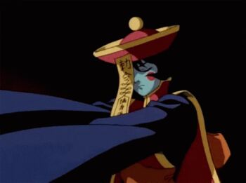 1girl animated animated_gif biceps blue_skin blush_stickers breasts capcom claws cleavage cleavage_cutout clothing_cutout colored_skin female_focus jiangshi large_breasts hsien-ko lowres muscular muscular_arms muscular_female ofuda short_hair solo undead upper_body darkstalkers