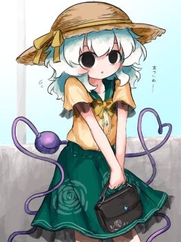 1girl :o bag black_bag black_eyes blush bow bowtie buttons collared_shirt commentary_request cowboy_shot diamond_button floral_print floral_print_skirt flying_sweatdrops frilled_skirt frilled_sleeves frills green_hair green_skirt handbag hat hat_ribbon heart heart_of_string heripantomorrow holding holding_bag komeiji_koishi medium_hair parted_lips print_skirt ribbon rose_print shirt short_sleeves skirt solo sun_hat third_eye touhou translated yellow_bow yellow_bowtie yellow_ribbon yellow_shirt