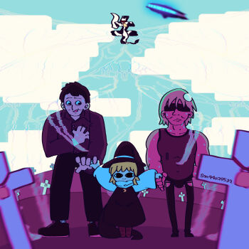 Rule 34 | <o> <o>, 1girl, 2boys, absurdres, black dress, black eyes, black footwear, black hat, black pants, black tank top, blonde hair, blue sky, boots, brown hair, brown shirt, closed mouth, cloud, collared shirt, commentary request, cookie (touhou), crescent, crescent pin, cross, dress, empty eyes, fishnet top, fishnets, full body, gogogo (cookie), hat, highres, holding hands, kirisame marisa, long sleeves, looking at viewer, manatsu no yo no inmu, muimui (4242564muimui), multiple boys, niconico id, open mouth, pants, pinafore dress, shirt, shoes, short hair, sky, sleeveless, sleeveless dress, smile, standing, sunglasses, tadano kazuhito, takuya (acceed), tank top, touhou, ufo, witch hat