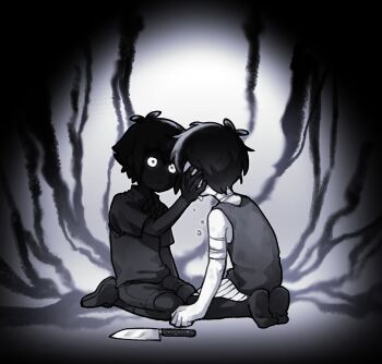 2boys absurdres antenna_hair bandaged_arm bandaged_neck bandages black_hair black_shirt black_shoes black_shorts black_skin black_socks black_sweater_vest black_tank_top black_thighhighs colored_skin commentary english_commentary highres knife looking_at_another male_focus multiple_boys omori omori_(omori) seiza shirt shoes short_hair shorts sitting socks something_(omori) stranger_(omori) striped_clothes striped_shorts sweater_vest tank_top thatbirdcanfly thighhighs vertical-striped_clothes vertical-striped_shorts white_eyes white_shorts white_skin