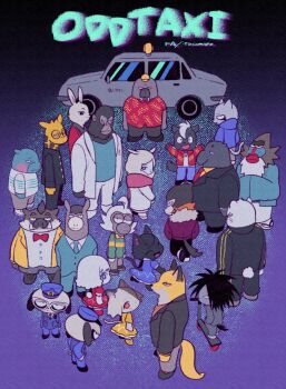 4girls 6+boys absurdres alpaca alpaca_girl animal ape baba_atsuya baseball_cap business_suit casual cat coat copyright_name daimon_kenshirou daimon_koushirou dobu_(odd_taxi) dog everyone expressionless facing_away facing_to_the_side facing_viewer formal_clothes furry furry_male giraffe glasses gorilla gouriki_ayumu hands_in_opposite_sleeves hands_in_pockets hat highres hoshizuki_shin ichimura_shiho imai_shun japan_national_police kabasawa_taichi kakihana_eiji koshianpancake long_sleeves looking_at_viewer mitsuya_yuki monkey motor_vehicle multiple_boys multiple_girls nagashima_satoshi nikaidou_rui no_eyewear odd_taxi odokawa_hiroshi own_hands_together pink_scarf police police_uniform scarf school_uniform scooter sekiguchi_(odd_taxi) shibagaki_kensuke shirakawa_(odd_taxi) shirakawa_miho short_sleeves smile standing suit taxi track_suit utubomamire wadagaki_sakura walrus white_coat yamamoto_fuyuki yano_(odd_taxi) yellow_headwear