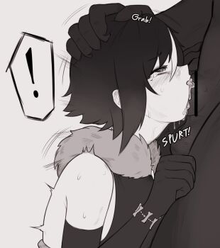 1boy 1girl blush bone chikaretsu cum cum_in_mouth deepthroat ejaculating_while_penetrated ejaculation elbow_gloves fellatio fur_collar gloves hand_on_another's_head hetero highres leotard monochrome motion_lines multicolored_hair necromancer_girl_(chikaretsu) oral original smegma sweat tears testicles throat_bulge twitching zombie