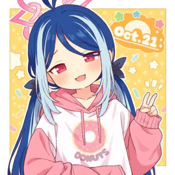 1girl :d ahoge alternate_costume antenna_hair blue_archive blue_hair blush collarbone commentary dated donut donut_print flat_chest food food_print fubuki_(blue_archive) halo hood hoodie long_hair long_sleeves looking_at_viewer multicolored_hair onyhakase open_mouth outline pink_halo pink_hoodie red_eyes sleeves_past_wrists smile solo star_(symbol) twintails two-tone_hair upper_body v white_outline