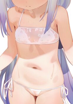 1girl absurdres bikini cameltoe dragon_girl eugrlt female_focus flat_chest hair_ornament hairclip head_out_of_frame highres kanna_kamui kobayashi-san_chi_no_maidragon legs loli long_hair navel side-tie_bikini_bottom simple_background solo standing stomach sweat swimsuit thighs twintails wet wet_clothes white_background