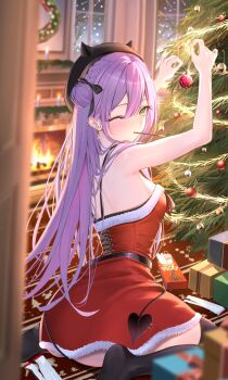 1girl alternate_costume beret black_hat box breasts christmas christmas_tree demon_girl demon_tail dress fireplace food food_in_mouth fur-trimmed_dress fur_trim gift gift_box gradient_hair green_eyes hair_bun hat highres hololive indoors long_hair looking_at_viewer multicolored_hair official_alternate_hairstyle one_eye_closed piercing pink_hair pocky pocky_in_mouth pointy_ears purple_hair red_dress santa_costume santa_dress short_dress single_side_bun sitting small_breasts solo tail tail_ornament tail_piercing tokoyami_towa tsukkun_(ged45uokqjyex7p) virtual_youtuber