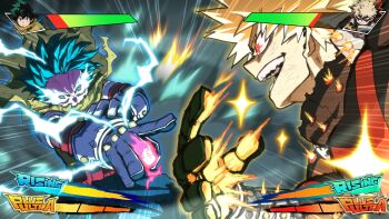 Rule 34 | 2boys, absurdres, aka nobodyy, bakugou katsuki, battle, blonde hair, boku no hero academia, commentary, electricity, english commentary, gloves, glowing, green eyes, green hair, health bar, highres, male focus, multiple boys, red eyes, short hair, sparkle, spiked hair, white gloves