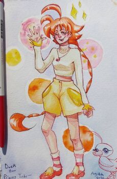 Rule 34 | ;d, ahiru (duck) (princess tutu), ahiru (princess tutu), ahoge, art tools in frame, bird, blue eyes, braid, character name, copyright name, dated, duck, full body, highres, midriff peek, one eye closed, open mouth, orange hair, orange shoes, photo (medium), princess tutu, salamidude, shoes, shorts, single braid, smile, socks, striped clothes, striped socks, sweater, traditional media, white sweater, yellow shorts