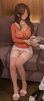 1boy 1girl absurdres blush bra breasts brown_hair cameltoe cleavage collarbone commentary_request cup earrings feet giving highres indoors jewelry lace lace-trimmed_thighhighs lace_trim large_breasts looking_at_another looking_to_the_side mature_female microskirt necklace orange_sweater original out_of_frame panties pearl_necklace pencil_skirt sato-san_(yewang19) saucer see-through_clothes shirt sitting skirt solo_focus sweater teacup thighhighs toes underwear v-neck white_bra white_panties white_shirt white_thighhighs yewang19