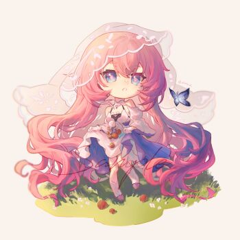 Rule 34 | 1girl, :o, alternate costume, anlimil, bare shoulders, blue butterfly, blue eyes, bug, butterfly, chinese commentary, commentary request, dress, elysia (honkai impact), grass, grey background, highres, honkai (series), honkai impact 3rd, insect, long hair, pink hair, see-through clothes, see-through veil, solo, veil, very long hair, white dress