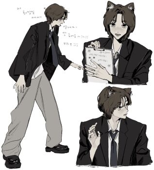 ! !! >_< 1boy animal_ears baggy_pants black_eyes black_jacket black_shoes blazer blue_necktie boynextdoor brown_eyes cat_ears clipboard collared_shirt commentary cropped_arm cropped_torso curtained_hair drawn_flower from_side grey_pants hand_up highres holding holding_clipboard jacket jinjeocompote k-pop korean_commentary korean_text legs_apart light_smile looking_at_viewer looking_to_the_side male_focus multiple_views muted_color necktie open_clothes open_hand open_jacket open_mouth oversized_jacket pale_skin pants parted_bangs platform_shoes shirt shoes standing sungho_(boynextdoor) teeth white_background white_shirt wolf_cut
