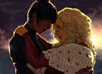 2girls arm_guards arrapso backlighting black_hair black_vest blonde_hair blouse brown_eyes crying dark-skinned_female dark_skin forehead-to-forehead hair_bun hands_on_another&#039;s_shoulders heads_together highres hug kikka_the_steadfast lake_of_voices long_sleeves looking_at_another margret_(lake_of_voices) multiple_girls non-web_source official_art red_shirt shirt sidelocks smile streaming_tears sunrise tears upper_body vest yuri