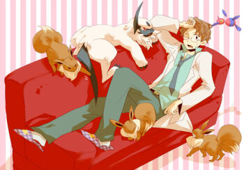 1boy absol brown_hair couch eevee gen_1_pokemon gen_3_pokemon gen_4_pokemon glasses lab_coat lying male_focus necktie nintendo on_back pokemon pokemon_(creature) porygon-z professor red_upholstery simple_background slippers