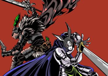 2boys absurdres armor belt belt_pouch black_souls blue_cape brown_belt cape dynamic_pose furry furry_male gauntlets grimm_(black_souls) gun haho helmet highres holding holding_gun holding_sword holding_weapon knight looking_at_viewer male_focus multiple_boys pauldrons pouch rabbit_boy red_background red_eyes shoulder_armor simple_background sword vernai_(black_souls) vial weapon