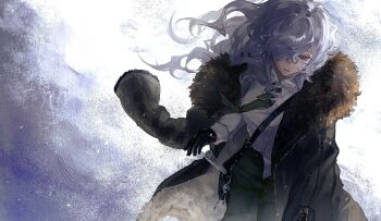 Rule 34 | 1girl, arm out of sleeve, bag, black bag, black gloves, brown coat, coat, collared shirt, commentary request, cowboy shot, floating hair, fur-trimmed coat, fur trim, gloves, green necktie, green pants, grey background, hair over one eye, long hair, looking down, mole, mole under mouth, necktie, one eye covered, pants, parted lips, purple eyes, reverse:1999, shirt, shoulder bag, solo, two-tone background, white background, white hair, white shirt, windsong (reverse:1999), yongwu leyuan