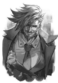 1boy beard coat facial_hair greyscale guilty_gear hungry_clicker male_focus monochrome monocle necktie shirt simple_background slayer_(guilty_gear) solo upper_body white_background
