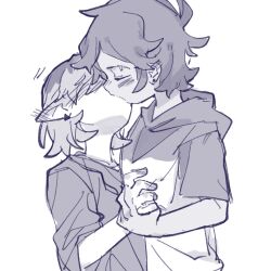 2girls amity_blight blush dark_skin ear_blush ezier grabbing_another&#039;s_hand hand_blush highres hood hoodie kiss luz_noceda multiple_girls pointy_ears short_hair simple_background sketch sweater the_owl_house white_background yuri