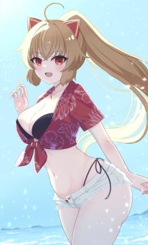 1girl :d ahoge animal_ears arm_behind_back assault_lily backlighting bikini bikini_under_clothes black_bikini blue_sky breasts brown_hair cat_ears collarbone commentary_request commission cowboy_shot crop_top crossed_bangs day fake_animal_ears floral_print from_side groin hand_up high_ponytail highleg highleg_bikini highres kondou_misaka large_breasts light_particles long_hair looking_at_viewer looking_to_the_side micro_shorts navel ocean open_clothes open_fly open_mouth open_shorts outdoors piatin ponytail print_shirt red_eyes shirt short_sleeves shorts side-tie_bikini_bottom skeb_commission sky smile solo standing stomach swimsuit tied_shirt very_long_hair water white_shorts