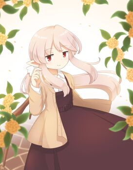 1girl artist_logo bow brown_dress brown_wings commentary_request dress estania highres jacket kitagawa_suigetsu leaf light_smile logo long_hair long_sidelocks looking_at_viewer low_ponytail official_alternate_costume orange_jacket original pink_hair pointy_ears ponytail shirt sidelocks solo white_background white_bow white_shirt wings