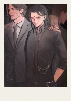 Rule 34 | 4boys, arm around shoulder, arm behind back, before crisis: final fantasy vii, bindi, black jacket, black pants, blonde hair, border, brown necktie, closed mouth, collared shirt, earrings, facial hair, facial scar, final fantasy, final fantasy vii, fumelex, goatee, grey shirt, hair slicked back, highres, jacket, jewelry, male focus, mature male, medium hair, multiple boys, necktie, pants, parted bangs, scar, scar on cheek, scar on face, shirt, short hair, suit jacket, tseng, upper body, verdot (ff7), white border, white shirt