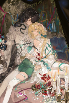 2boys arm_guards armchair asymmetrical_legwear black_hair black_veil blonde_hair blue_ribbon borrowed_character branch candelabra candle candlestand chair collar collarbone commission curtains earrings empty_picture_frame eye_contact feet_out_of_frame fold-over_collar food frilled_shirt_collar frilled_sleeves frills fruit gem green_eyes green_gem green_ribbon green_shorts hair_between_eyes hair_over_shoulder hair_ribbon hand_on_another's_head happy_birthday hei_(ying_qian) high-waist_shorts highres jewelry juice juliet_sleeves long_hair long_sleeves looking_at_another low_side_ponytail lu_sangw lying_on_person male_focus mihuashi_commission multiple_boys neck_ribbon original pants parted_lips pendant_watch picture_frame pink_ribbon plate plunging_neckline pomegranate puffy_sleeves ribbon see-through_clothes see-through_veil shirt short_hair shorts single_earring sitting sleeve_ribbon statue tassel tentacles thigh_strap thighhighs uneven_legwear veil very_long_hair white_collar white_pants white_ribbon white_shirt white_thighhighs wide_sleeves yaoi yellow_eyes yin_(ying_qian)