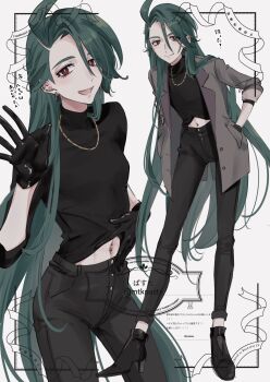 1girl black_gloves black_pants boots coat commentary_request earrings gloves gold_necklace grey_hair high_heels highres jewelry long_hair mtkpasta navel_piercing necklace nintendo pants piercing pokemon pokemon_sv rika_(pokemon) solo