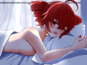 1girl ahoge bamboo_rindou bed blush breasts drill_hair from_side hair_between_eyes hair_tubes hugging_object kasane_teto lying nude on_stomach open_mouth pillow pillow_hug red_eyes red_hair short_hair small_breasts smile solo twin_drills utau vocaloid
