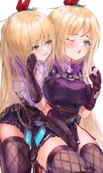 Rule 34 | 1girl, absurdres, blonde hair, blue eyes, blush, clone, commentary request, fingering, fishnet thighhighs, fishnets, fuuka koji, gloves, heaven burns red, highres, kanzaki adelheid, long hair, ninja, one eye closed, partially fingerless gloves, selfcest, thighhighs, thighs