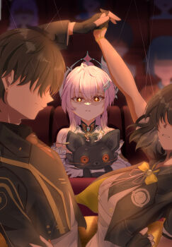 Rule 34 | 1boy, 2girls, absurdres, adoptive parent and adoptive child, aemeath (wuthering waves), ahoge, black hair, black jacket, blurry, blurry background, breasts, closed mouth, commentary request, dancing, dual persona, father and daughter, female rover (perpetual spark) (wuthering waves), female rover (wuthering waves), hair ornament, highres, holding, holding stuffed toy, jacket, long hair, male rover (perpetual spark) (wuthering waves), male rover (wuthering waves), medium breasts, mina dzuki, mother and daughter, multiple girls, official alternate costume, orange eyes, parted lips, people, pink hair, rover (wuthering waves), star-shaped pupils, star (symbol), stuffed animal, stuffed cat, stuffed toy, symbol-shaped pupils, tearing up, wuthering waves