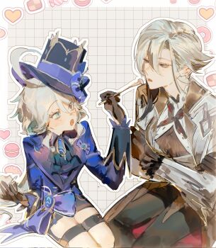 2girls ahoge arlecchino_(genshin_impact) ascot black_gloves black_hair black_pants black_shorts blue_ascot blue_bow blue_eyes blue_gem blue_shirt blush bow breasts brooch coat commentary crossed_arms english_commentary feeding fork furina_(genshin_impact) gem genshin_impact gloves grey_coat grey_eyes grey_hair hands_up hat heterochromia highres holding holding_fork huge_ahoge jewelry light_blush long_sleeves medium_breasts medium_hair multicolored_hair multiple_girls open_mouth pants parted_lips red_eyes shirt short_hair shorts streaked_hair thigh_strap top_hat white_hair white_shirt yukinika yuri