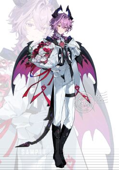 Rule 34 | 1boy, black boots, black horns, black jacket, blush, boots, bouquet, c ixxp, capelet, closed mouth, collared capelet, colored eyelashes, crossed bangs, dragon boy, dragon horns, dragon tail, dragon wings, durin (genshin impact), flower, frilled shirt collar, frills, full body, genshin impact, gloves, hair between eyes, hand up, hashtag-only commentary, highres, holding, holding bouquet, horns, jacket, long sleeves, looking at viewer, male focus, medium hair, neck ribbon, pants, purple hair, red eyes, red flower, red ribbon, red rose, ribbon, rose, sample watermark, shirt, simple background, single hair intake, sleeve cuffs, smile, solo, standing, tail, thigh strap, watermark, watermark grid, white background, white capelet, white flower, white gloves, white pants, white ribbon, white rose, white shirt, wings, zoom layer